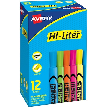 Avery Highlighters, Chisel Tip, Washable, 12/BX, AST 12PK AVE98034